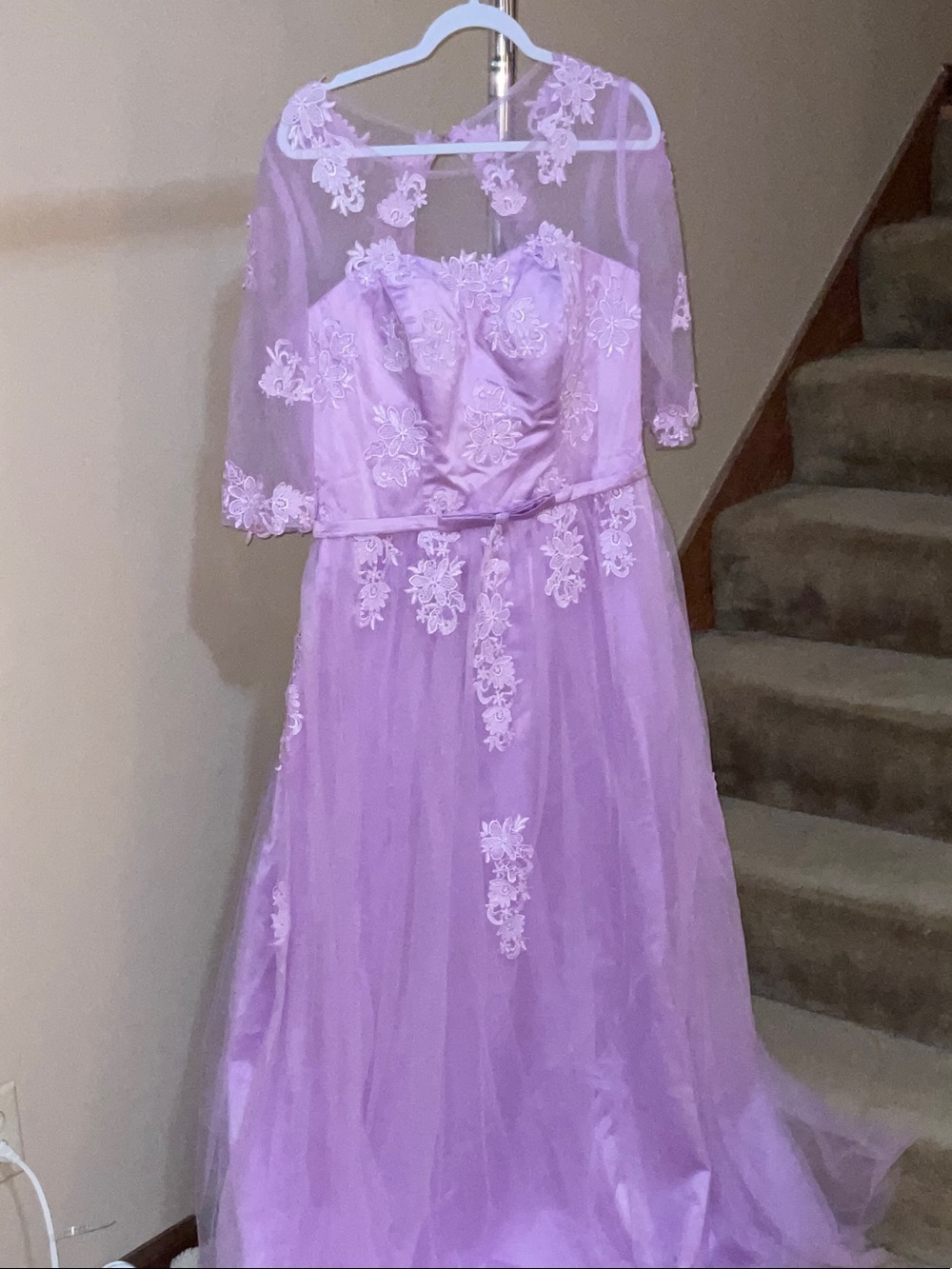Elegant Lilac Lace Embroidered Prom Dress with Sheer Overlay